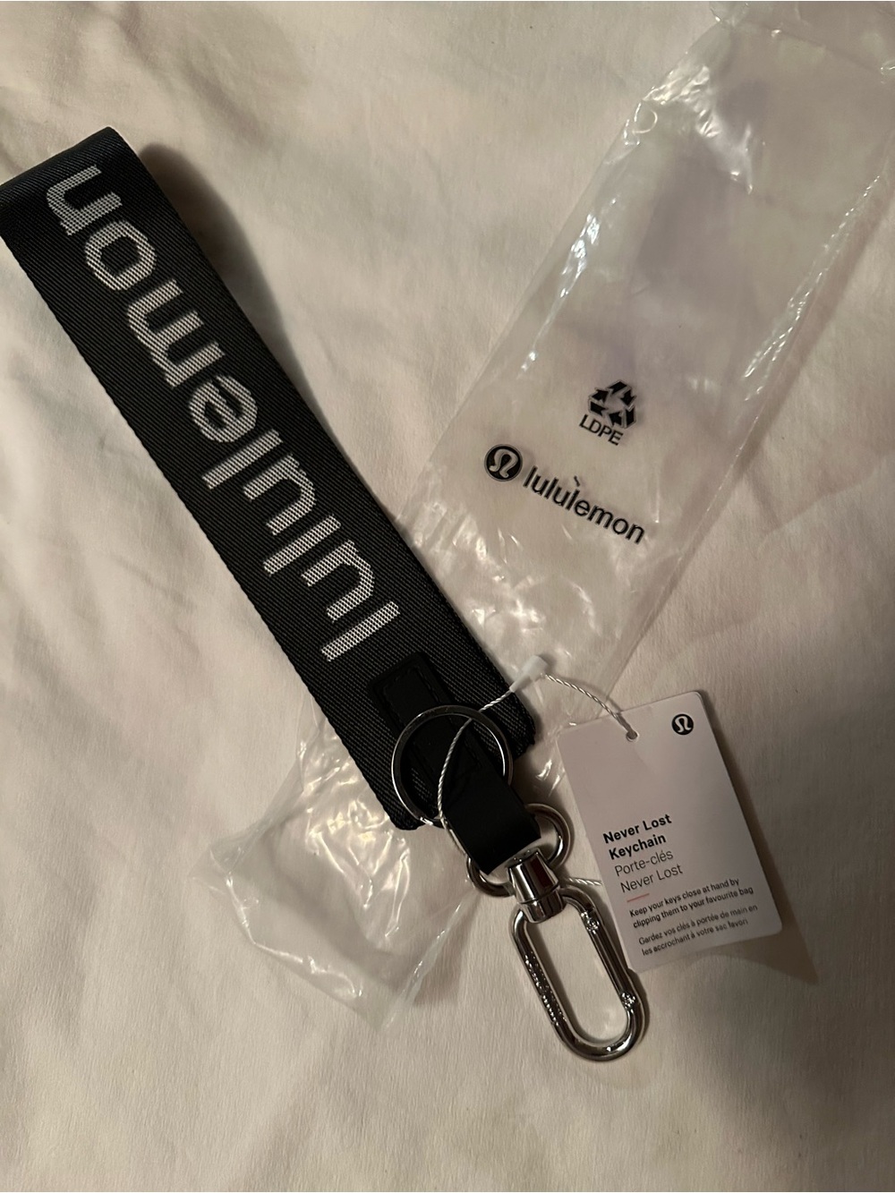 lululemon black Never Lost key lanyard with silver clip